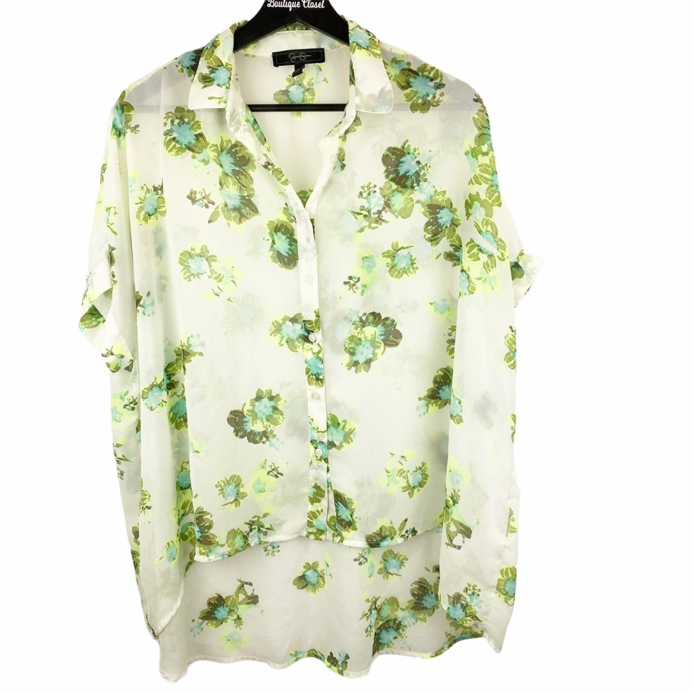 JESSICA SIMPSON Green Floral Sheer Hi/Lo Button Sm